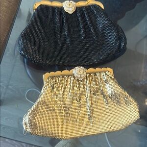 2 Vintage Art Deco Whiting and Davis Gold Mesh Purse Crystal Rhinestone Clasp US